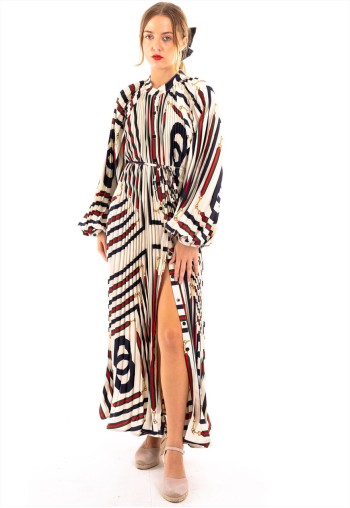 Chain Scarf print Full pleated long Shirt dress