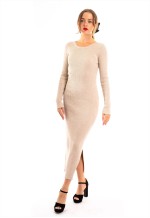 Ribbed midi Knit dress long sleeves in plain beige