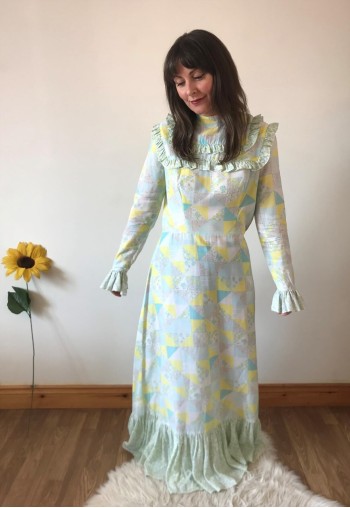 Vintage 70s Yellow White and Blue Maxi Dress