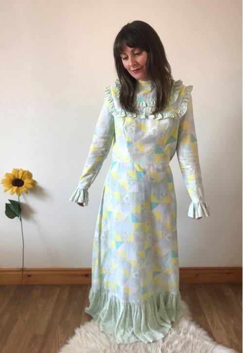 Vintage 70s Yellow White and Blue Maxi Dress