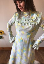 Vintage 70s Yellow White and Blue Maxi Dress