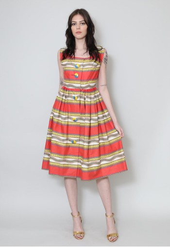 50's Vintage Dress Stripe Red Yellow Sleeveless Prom