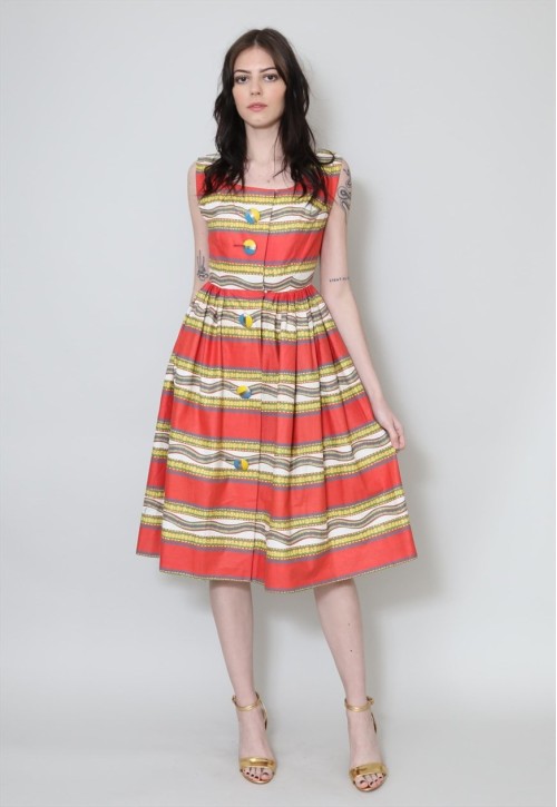50's Vintage Dress Stripe Red Yellow Sleeveless Prom
