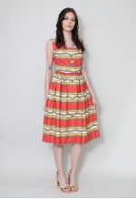 50's Vintage Dress Stripe Red Yellow Sleeveless Prom