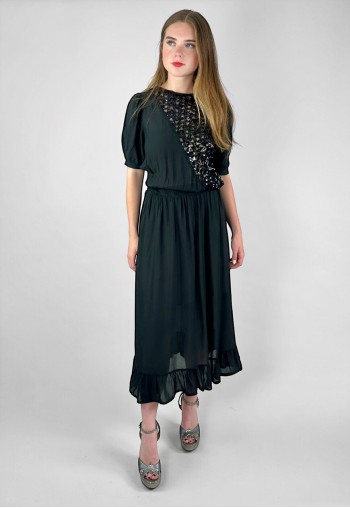 70's Vintage Short Sleeve Black Sequin Midi Dress