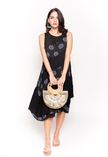 contrast layer linen dress in black polka dot print holiday