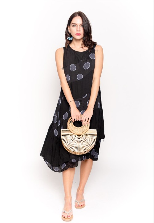 contrast layer linen dress in black polka dot print holiday