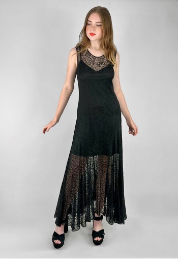 Vintage 20's Delicate Black Fine Lace Sleeveless Maxi Dress
