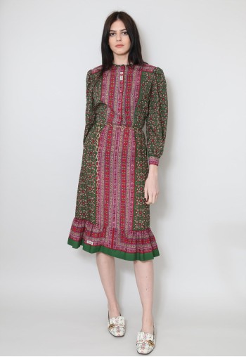 70's Vintage Ladies Dress Long Sleeve Green Floral Midi