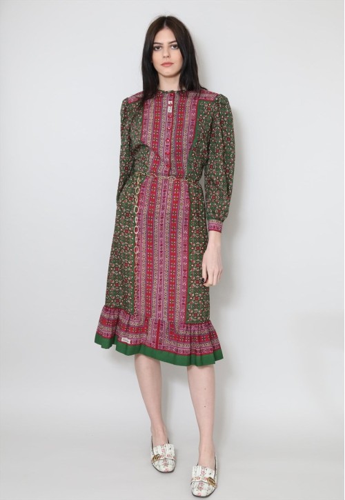 70's Vintage Ladies Dress Long Sleeve Green Floral Midi
