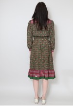 70's Vintage Ladies Dress Long Sleeve Green Floral Midi