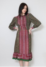 70's Vintage Ladies Dress Long Sleeve Green Floral Midi