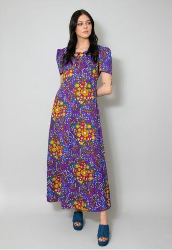 70's Vintage Maxi Purple Floral Short Sleeve Maxi Dress