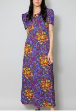 70's Vintage Maxi Purple Floral Short Sleeve Maxi Dress