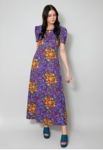 70's Vintage Maxi Purple Floral Short Sleeve Maxi Dress