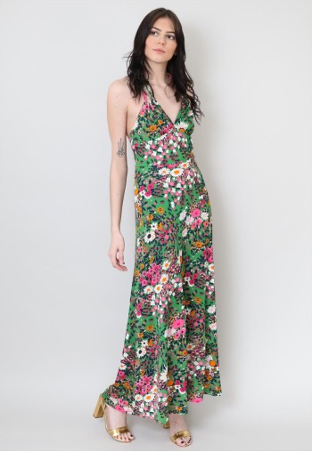 70's Vintage Green Floral Retro Halter Neck Maxi Dress