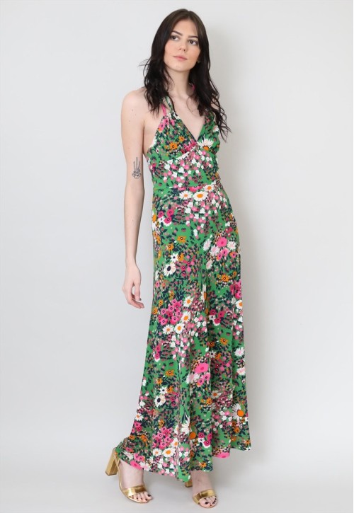 70's Vintage Green Floral Retro Halter Neck Maxi Dress