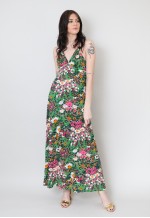 70's Vintage Green Floral Retro Halter Neck Maxi Dress