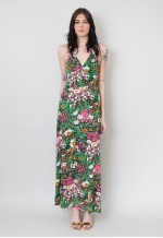 70's Vintage Green Floral Retro Halter Neck Maxi Dress