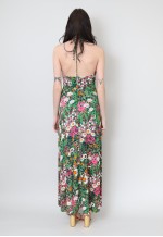 70's Vintage Green Floral Retro Halter Neck Maxi Dress