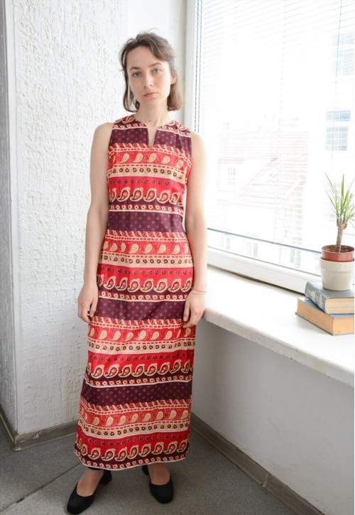 Vintage Bohemian Red Paisley Print Maxi Dress