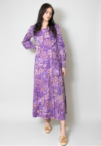 70's Vintage Purple Retro Print Long Bell Sleeve Maxi Dress