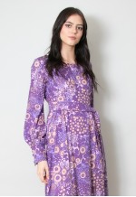 70's Vintage Purple Retro Print Long Bell Sleeve Maxi Dress
