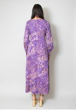 70's Vintage Purple Retro Print Long Bell Sleeve Maxi Dress