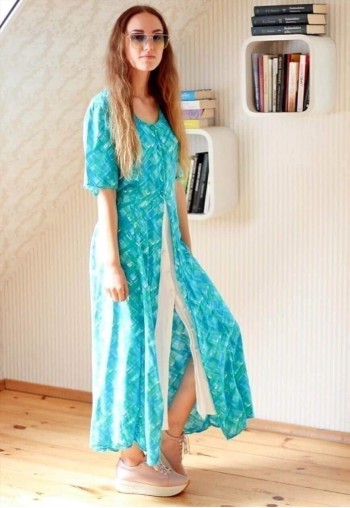 Light blue and green belted midi dress