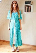 Light blue and green belted midi dress