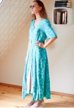 Light blue and green belted midi dress