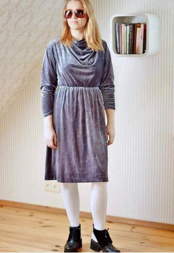 Grey velour cowl neck soft vintage dress