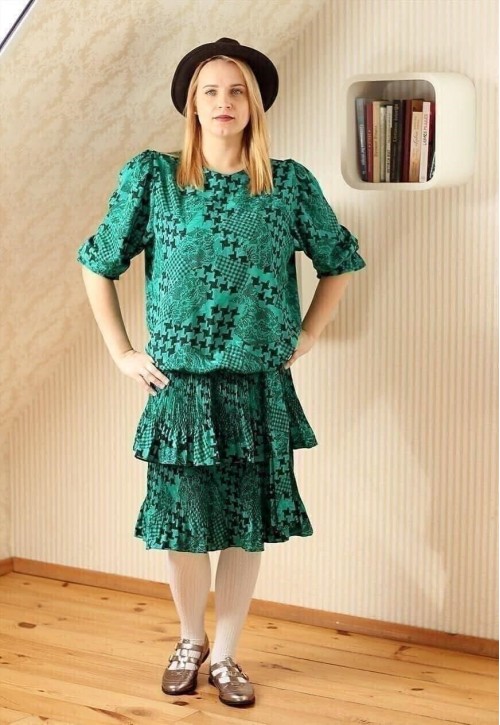 Green and black ruffle dress