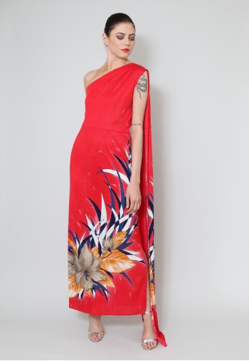70's Vintage One Shoulder Floral Maxi Dress With Train Red