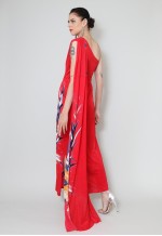70's Vintage One Shoulder Floral Maxi Dress With Train Red