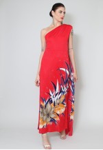 70's Vintage One Shoulder Floral Maxi Dress With Train Red