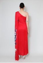 70's Vintage One Shoulder Floral Maxi Dress With Train Red