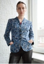 Vintage PRET A PORTER Blue Leaf Print Velvet Blazer Jacket