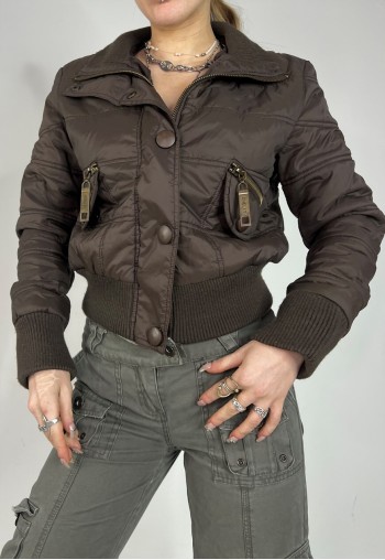 Vintage Y2K Puffer Jacket Zip Up Brown Utility Streetwear
